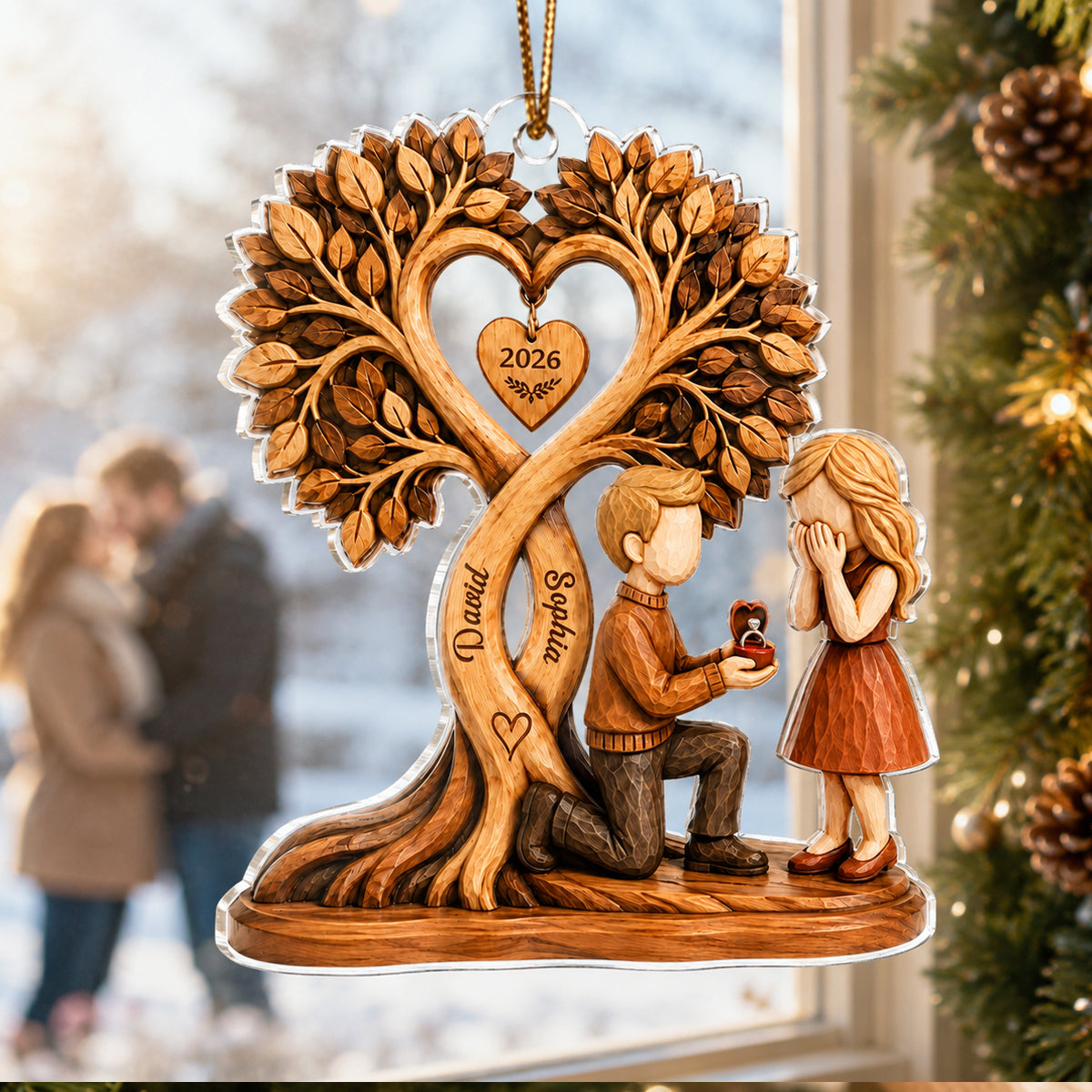 "Couple Proposal Under Heart Tree" – Personalized Acrylic Ornament | Heartfelt Anniversary Gift For Him & Her