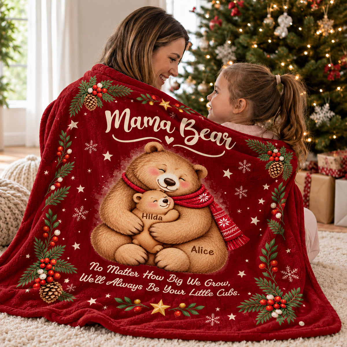 Personalized Mama Bear Christmas Blanket – Custom Kids' Names Bear Family Fleece Blanket, Christmas Gift For Mom From Her Children