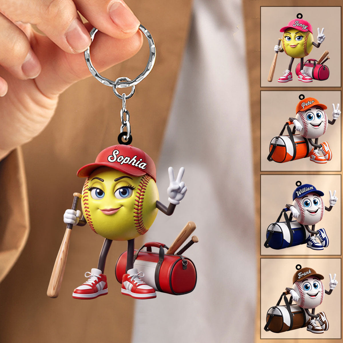 V-sign Baseball Softball Keychain - Personalized Cute Baseball Softball Ball Mascot Keychain