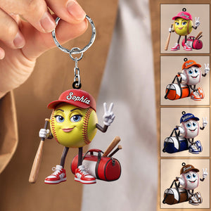 V-sign Baseball Softball Keychain - Personalized Cute Baseball Softball Ball Mascot Keychain