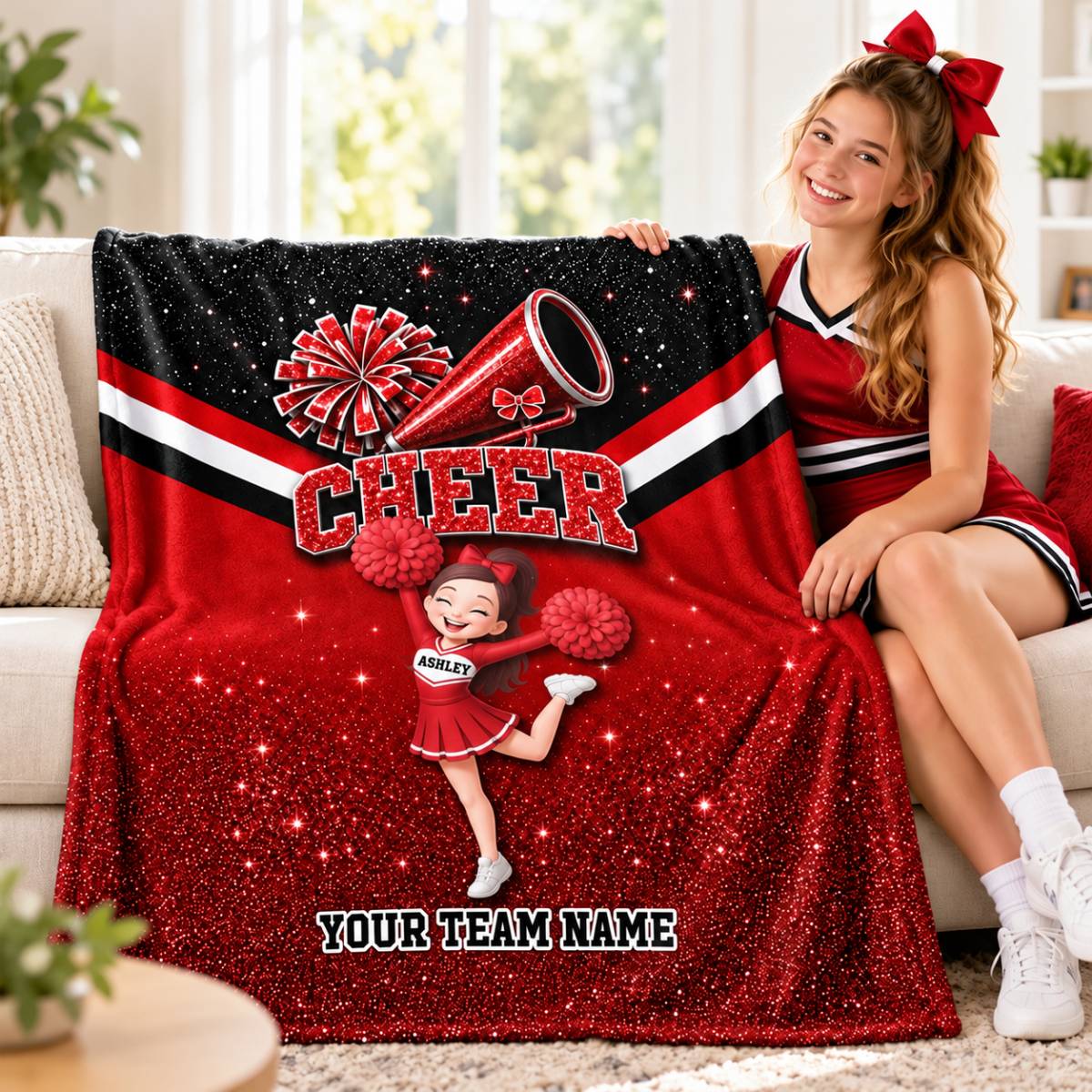 Proud Cheerleader – Personalized Fleece Blanket with Custom Name & Team Name | Christmas Gift For Daughters, Granddaughters & Cheerleaders