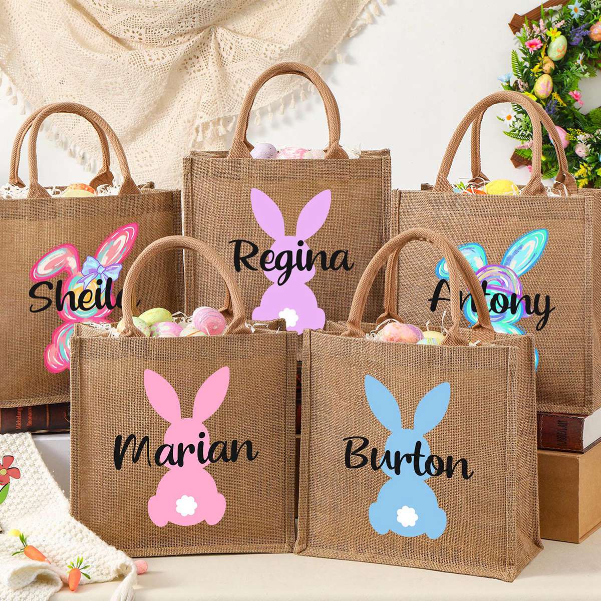 Personalized Easter Bunny Jute bag With Name, Kids Egg Hunt Bags, Easter Basket, Easter Gift Bags