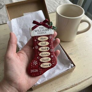 Personalized Red Knit Stocking Family Ornament – Custom Family Name, Year & 10 Names | Acrylic Custom Shape Keepsake