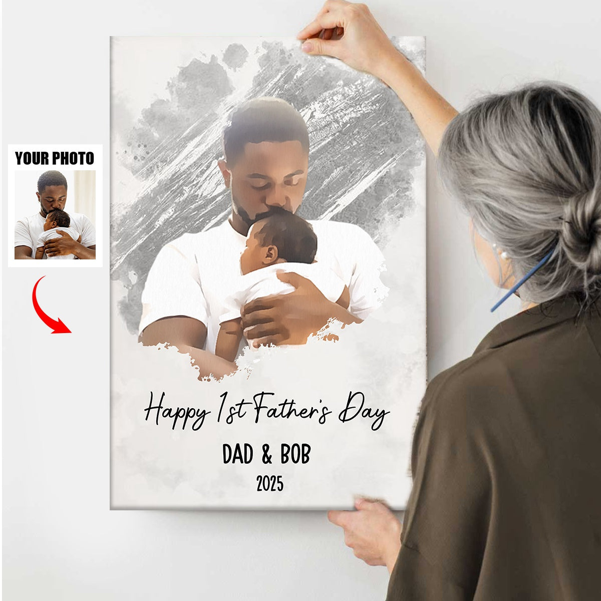 Happy 1st Father's Day - Watercolor Style Personalized Photo Poster/Canvas