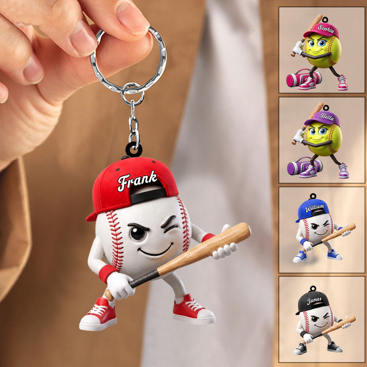 Baseball Softball Batter’s Stance Keychain - Personalized Cool Baseball Softball Ball Mascot Keychain