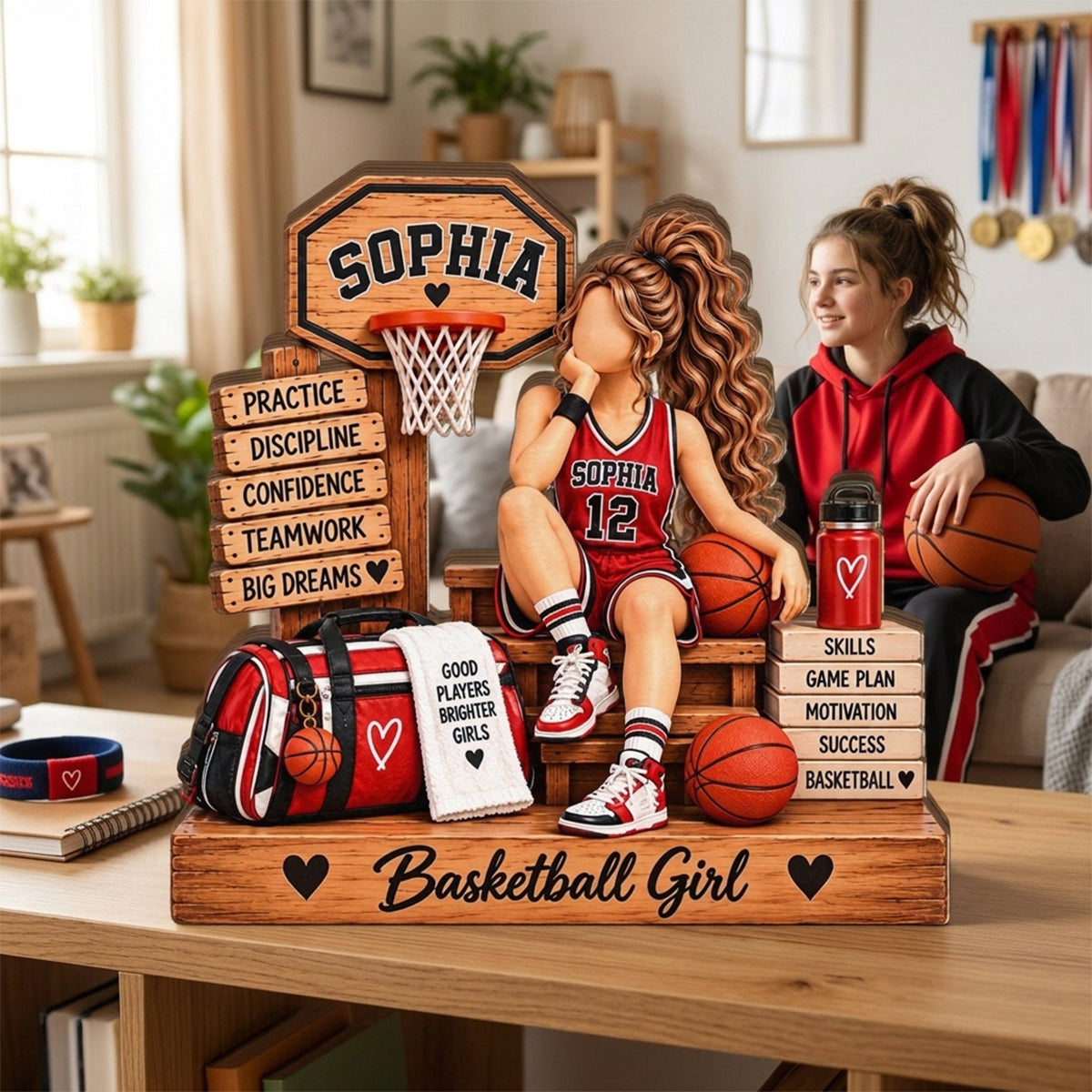 Personalized Basketball Girl Wooden Plaque – Custom Name Player Display | Gift For Daughters, Teammates & Basketball Lovers