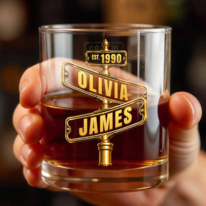Personalized “Est.” Street Sign Whiskey Glass – Custom Couple Names & Year Gift