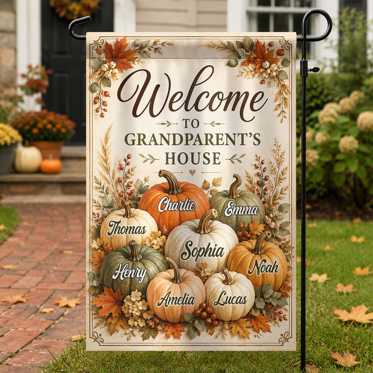 Personalized "Welcome To Grandparent's House" Fall Pumpkin Garden Flag – Seasonal Decor Gift For Grandma & Grandpa