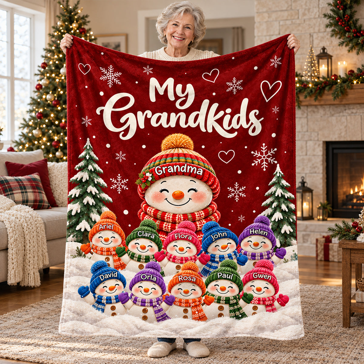 Personalized Grandkids Snowman Christmas Fleece Blanket – Custom Grandchildren’s Names Throw | Holiday Gift For Grandma & Nana
