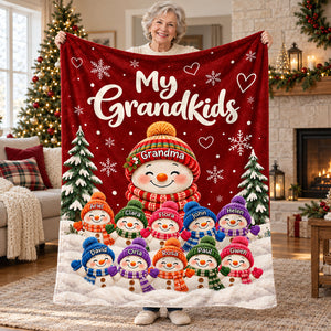 Personalized Grandkids Snowman Christmas Fleece Blanket – Custom Grandchildren’s Names Throw | Holiday Gift For Grandma & Nana