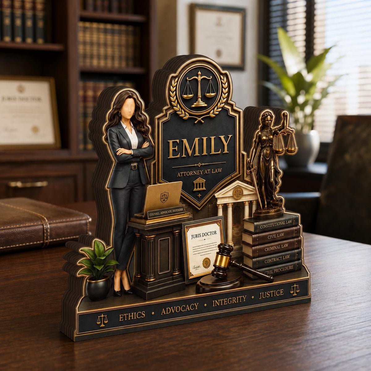 Personalized Lawyer Wooden Plaque – Custom Shape Attorney Desk Décor | Law School Graduation Gift For Her