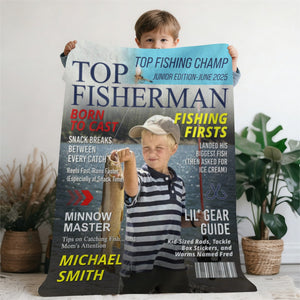 Custom Kids Fishing Magazine Cover Blanket, Fishing Gifts for Boys, Fishing Gift for Son, Grandson
