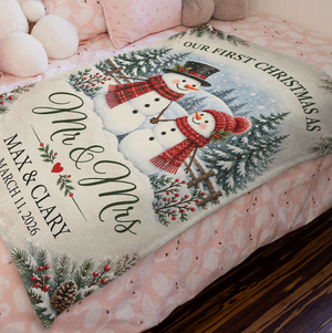 Snowman Couple First Christmas Personalized Blanket – Cozy Fireplace First Christmas Couple Keepsake