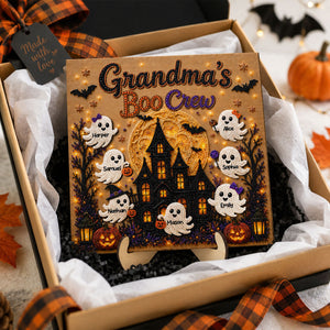 Personalized "Grandma's Boo Crew" Wooden Plaque – Haunted House Faux Diamond Art Halloween Gift