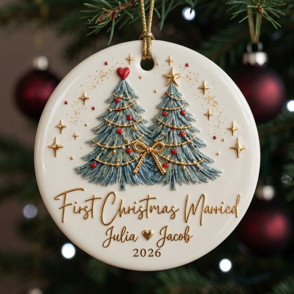 Personalized First Christmas Married Ornament – Custom Couple Names & Year, Two Christmas Trees Keepsake For Newlyweds, Mr & Mrs Gift 2026
