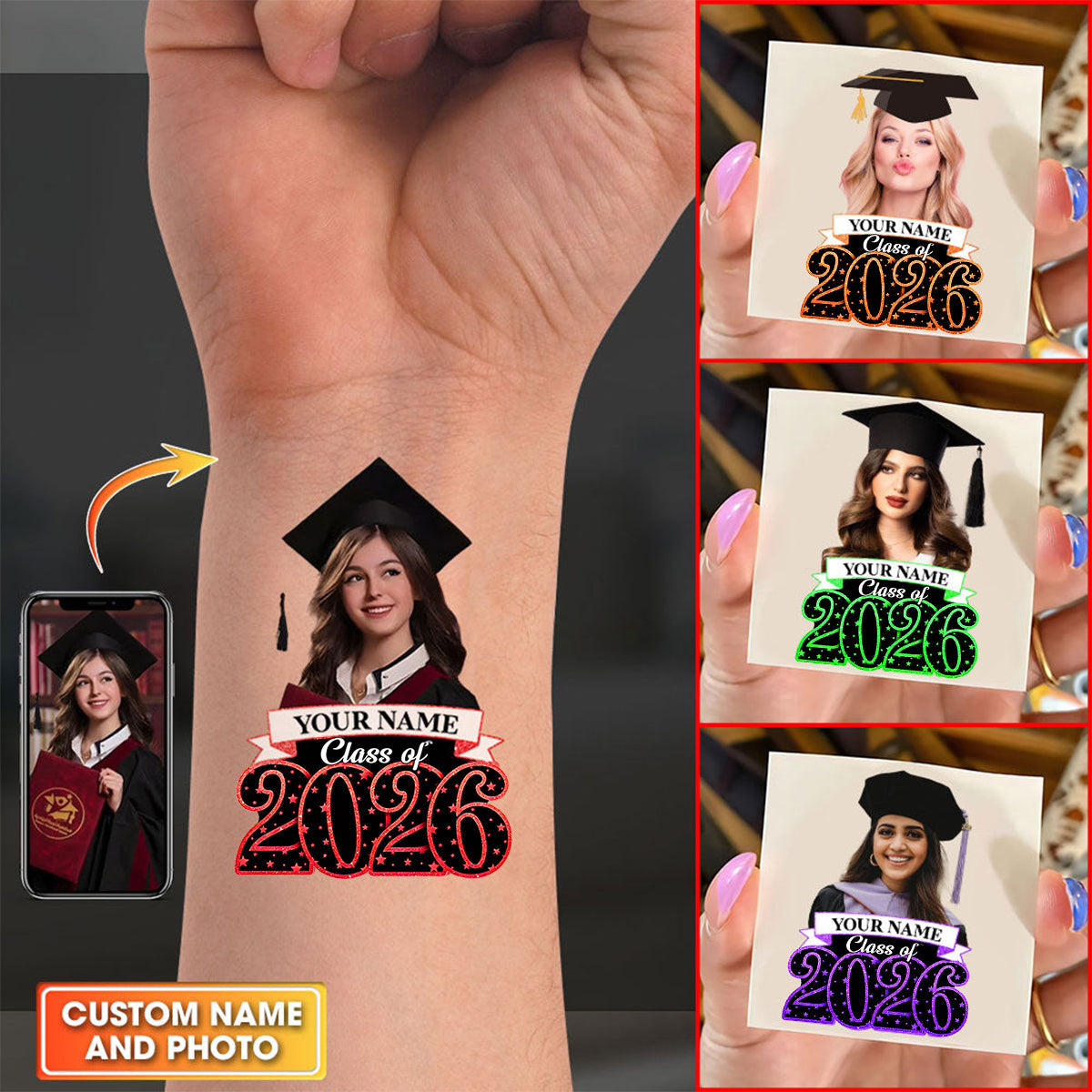 Class Of 2026, Custom Photo And Name Temporary Tattoo,Personalized Fake Tattoo, Graduation Gift