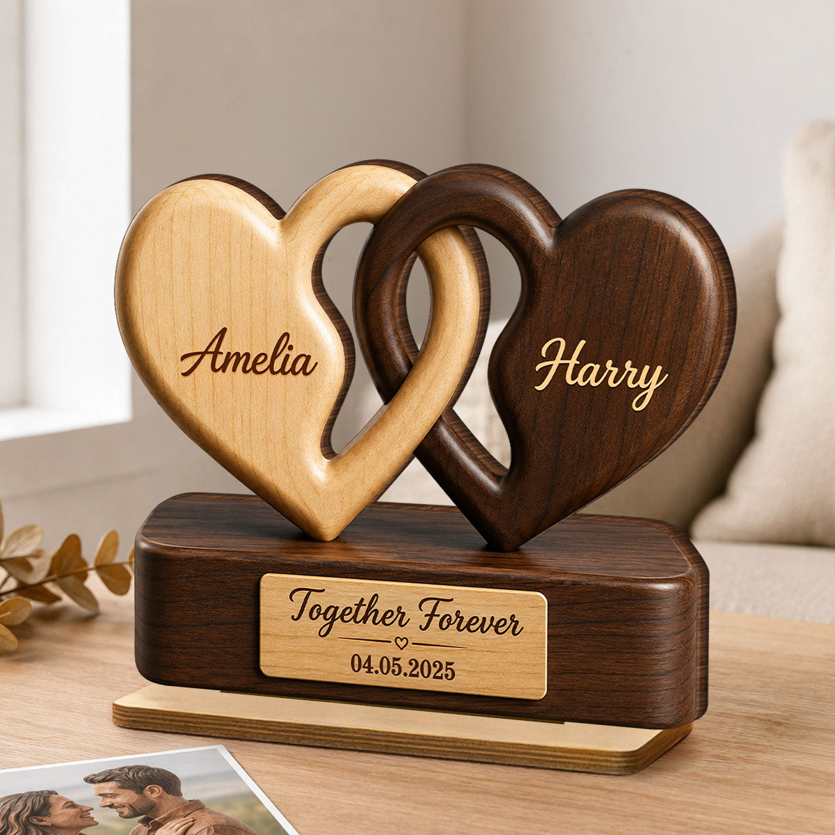 "Interlocking Hearts" Romantic Couple – Personalized Wooden Plaque | Anniversary Gift For Couples