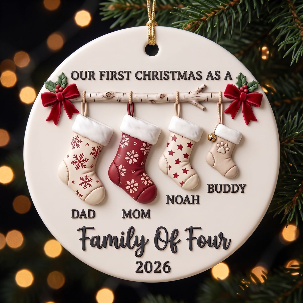 Personalized Family Of 4 Christmas Ceramic Ornament – Custom Names & Pet Stocking Keepsake | First Christmas Gift For Parents & Kids