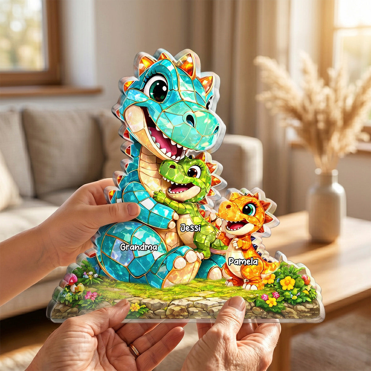 Family Keepsake Gift – Personalized "Happy Dino Family" Custom Shape Acrylic Plaque