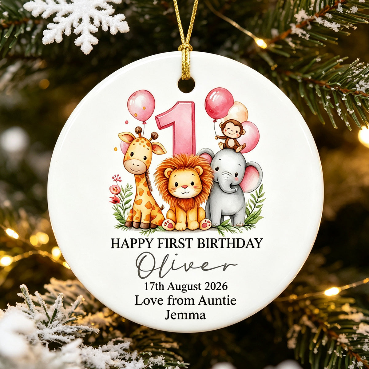 Happy First Birthday with Safari Animals Personalized Ceramic Ornament First Birthday Ornament Keepsake Gift with Safari Animals
