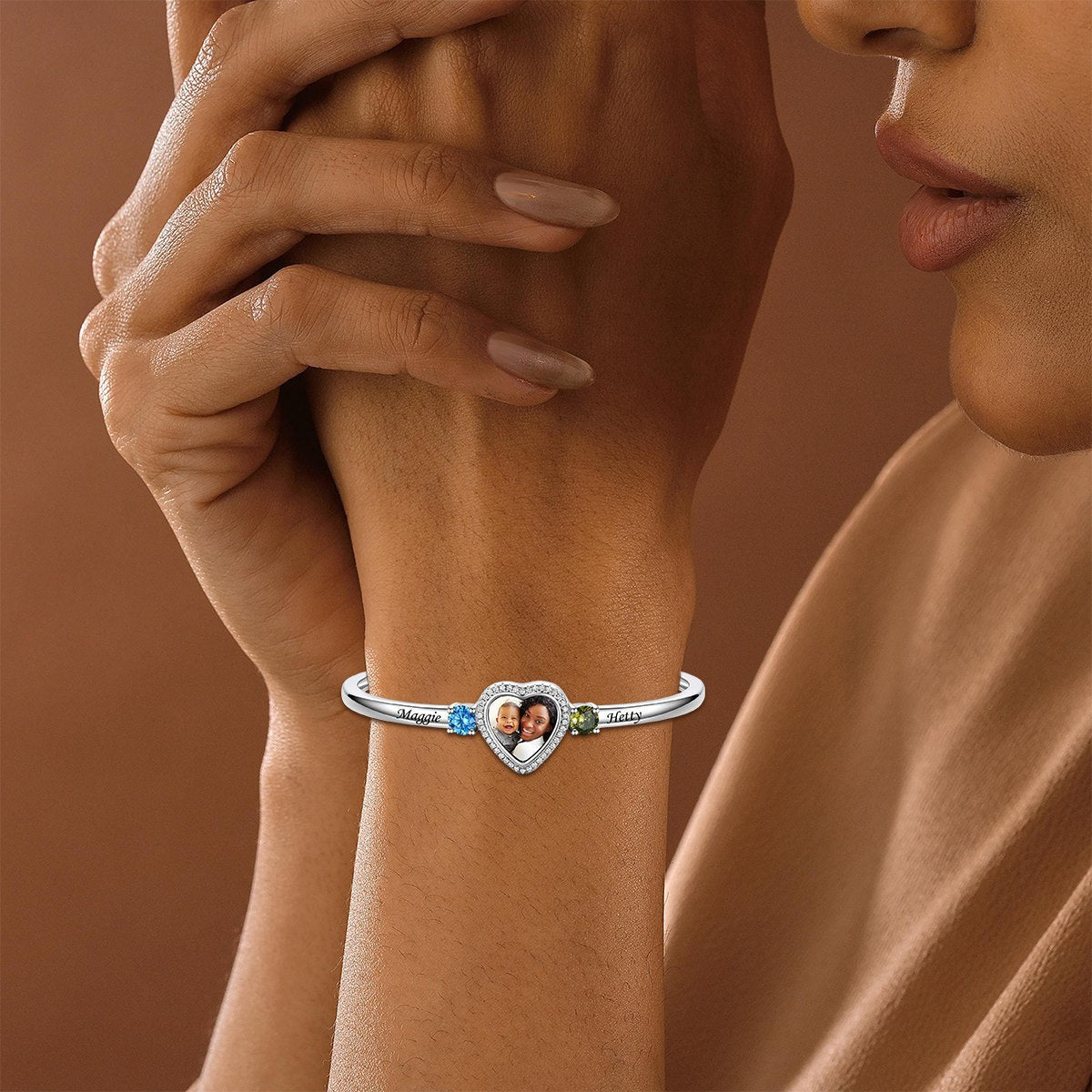 Personalized Birthstone Photo Card Cuff Bracelet For Women