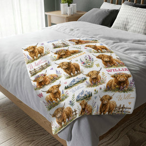 Personalized Highland Cow Baby Blanket – Custom Name Floral Design | Cute Nursery Decor & Baby Shower Gift For Boy Or Girl