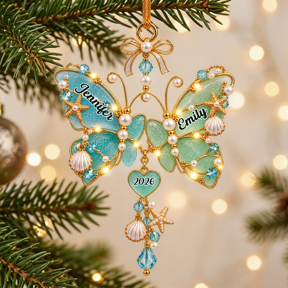 Different wings,same heart - Personalized Sea Glass Butterfly Sisters Christmas Ornament