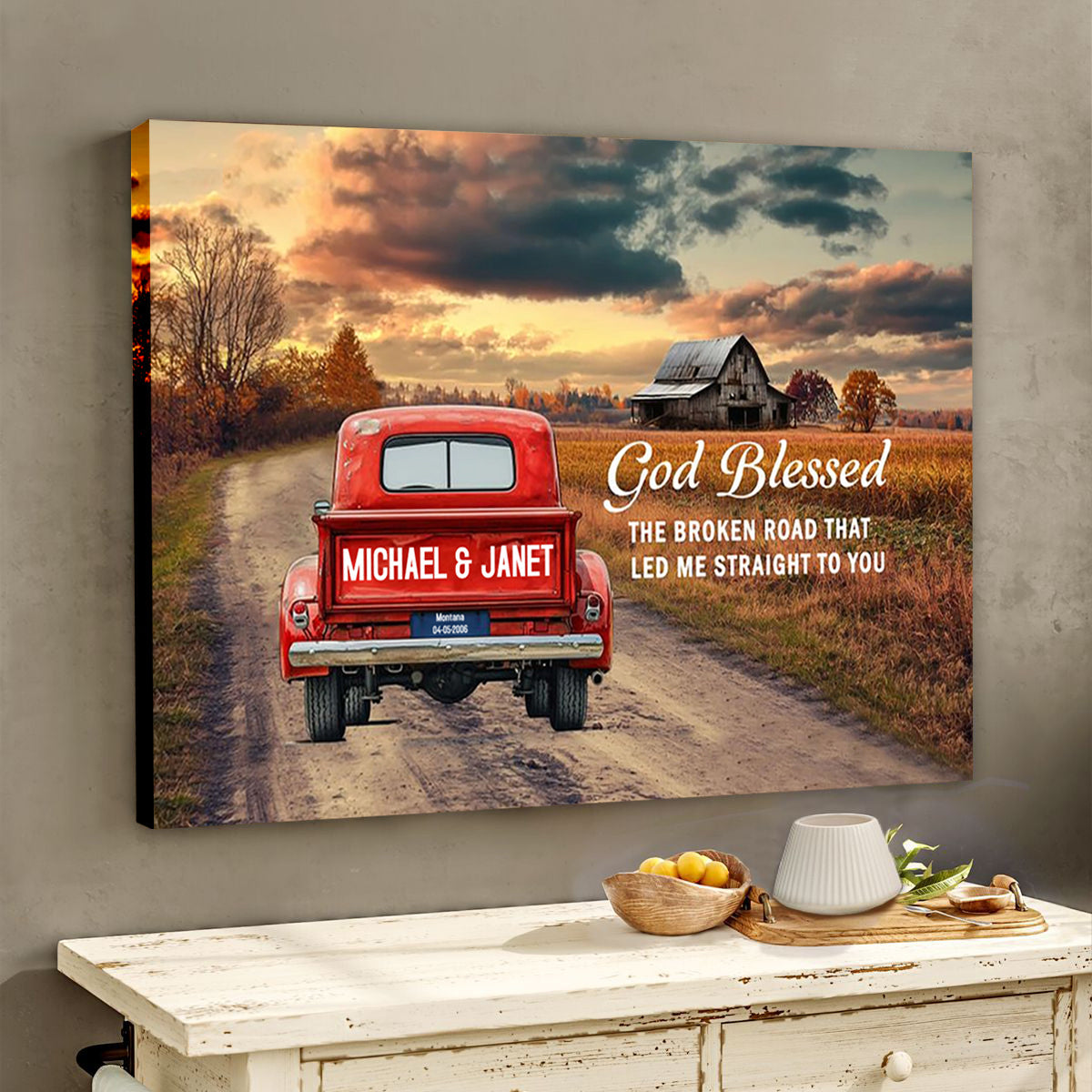 Personalized Rustic Couple Gift God Blessed The Broken Road Truck Canvas Poster