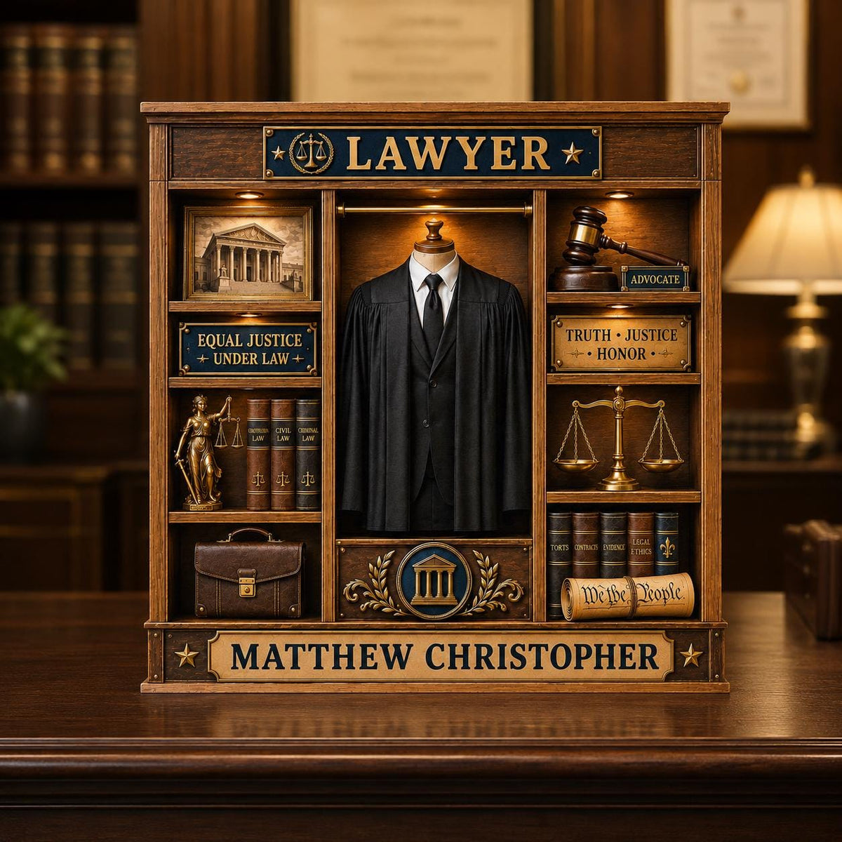 Personalized Lawyer Wooden Plaque – Custom Shape Attorney Desk Décor | Law School Graduation Gift For Her