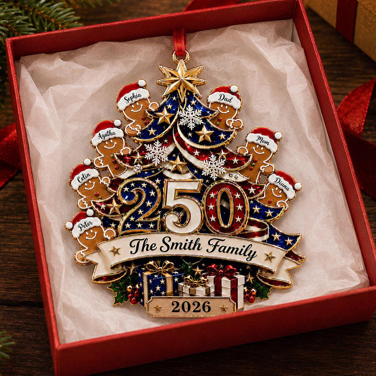 Custom 250th Anniversary Gingerbread Family Acrylic Ornament – Patriotic America 1776-2026 Christmas Tree Decor For Family