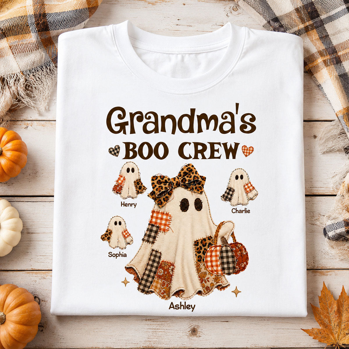 "Grandma's Fall Halloween" – Coquette Faux Patchwork Pattern Shirt | Personalized Gift For Grandma