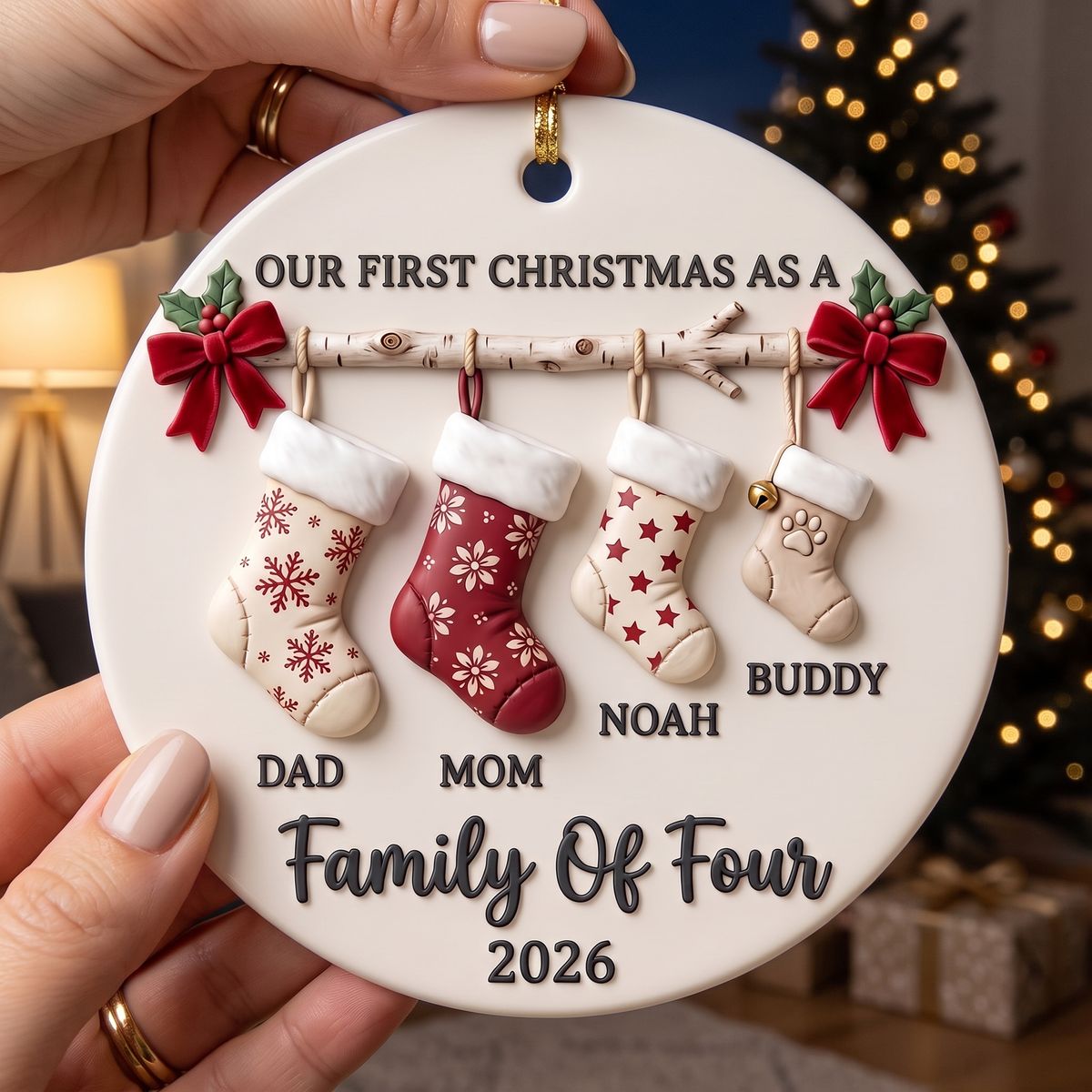 Personalized Family Of 4 Christmas Ceramic Ornament – Custom Names & Pet Stocking Keepsake | First Christmas Gift For Parents & Kids