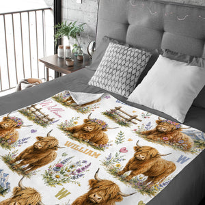 Personalized Highland Cow Baby Blanket – Custom Name Floral Design | Cute Nursery Decor & Baby Shower Gift For Boy Or Girl