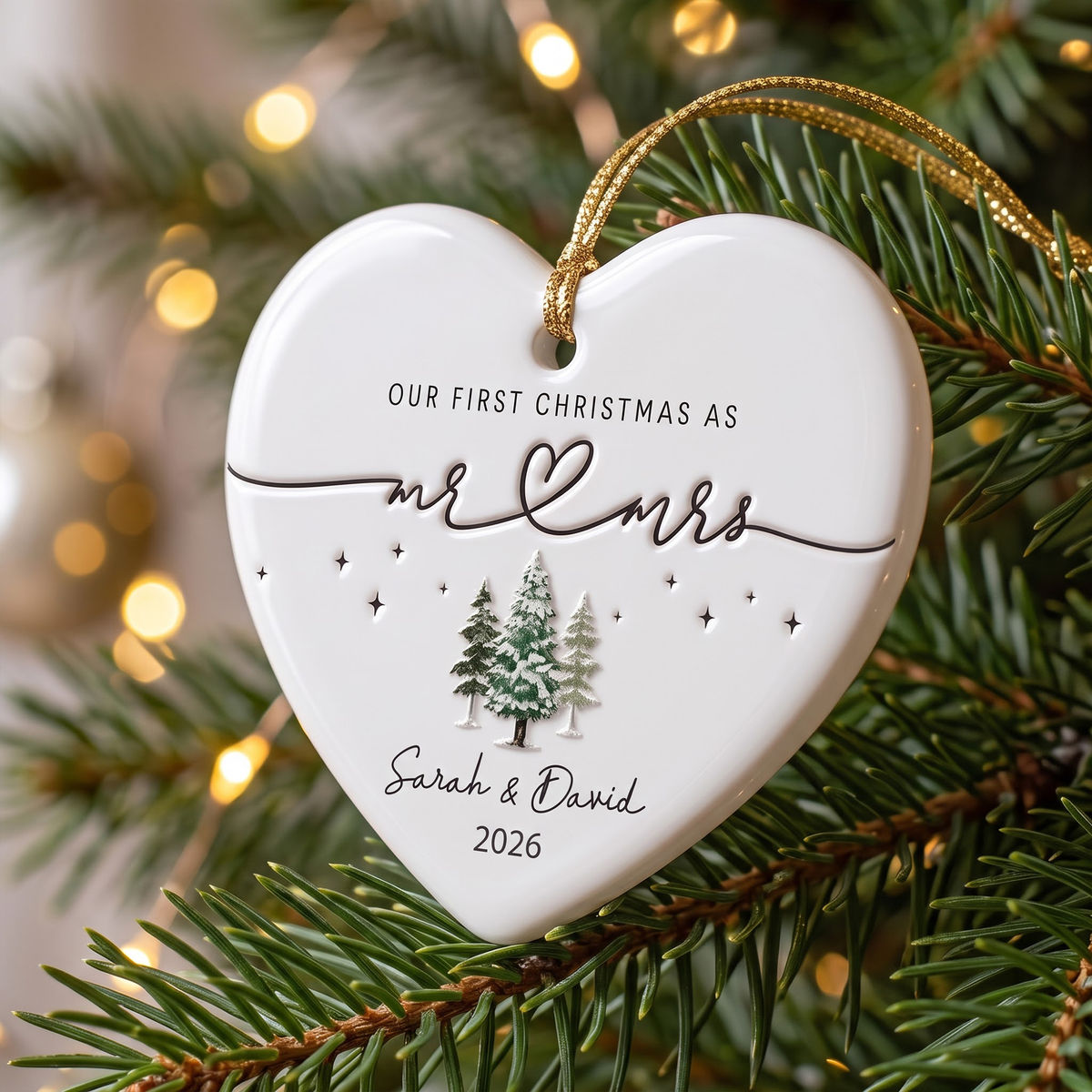 Personalized "Our First Christmas As Mr. & Mrs." Heart Ceramic Ornament – Custom Couple Names & Year | Minimalist Newlywed Keepsake