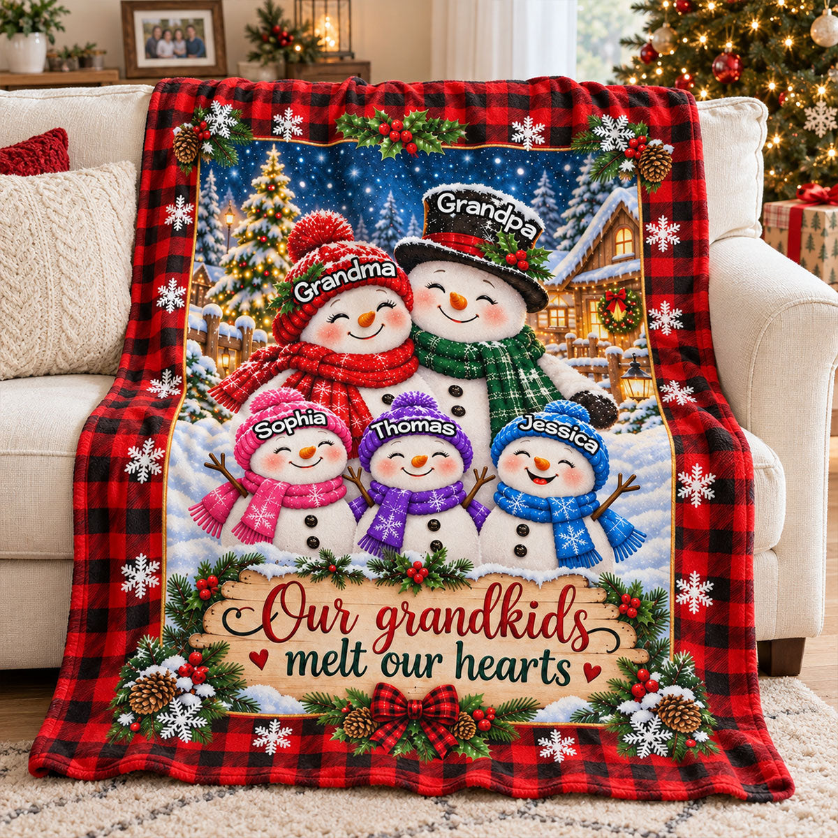 Cute Snowman Grandparents & Grandkids Personalized Fleece Blanket – Christmas Gift For Grandparents