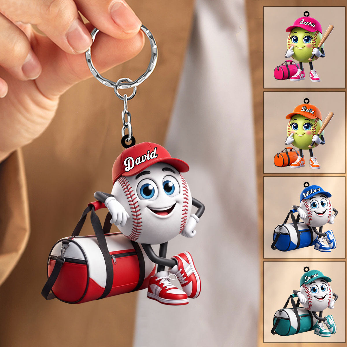 Baseball Softball Player Keychain - Personalized Cute Baseball Softball Ball Mascot Keychain