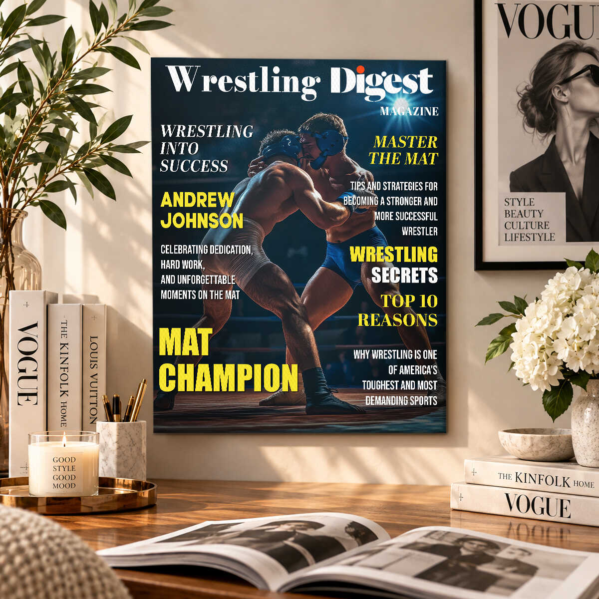 Personalized Wrestling Digest Canvas | Custom Wrestler Name Poster, Wrestling Magazine Style Gift, Sports Room Wall Decor, Senior Wrestler Gift