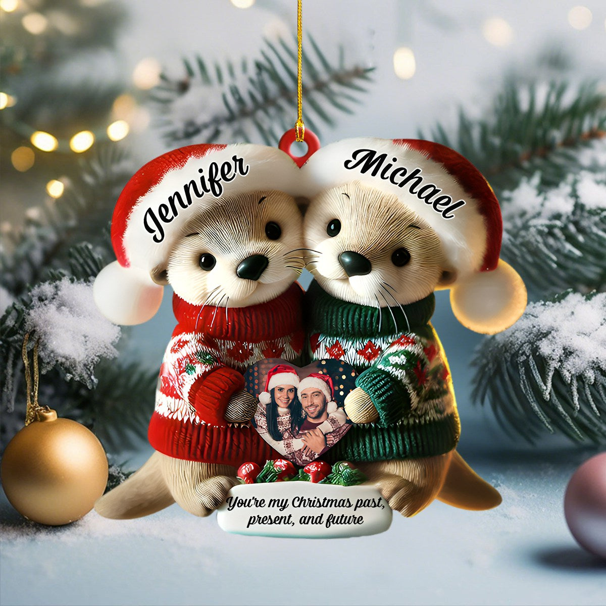 Custom Name & Photo Christmas Otter Couple Personalized Ornament