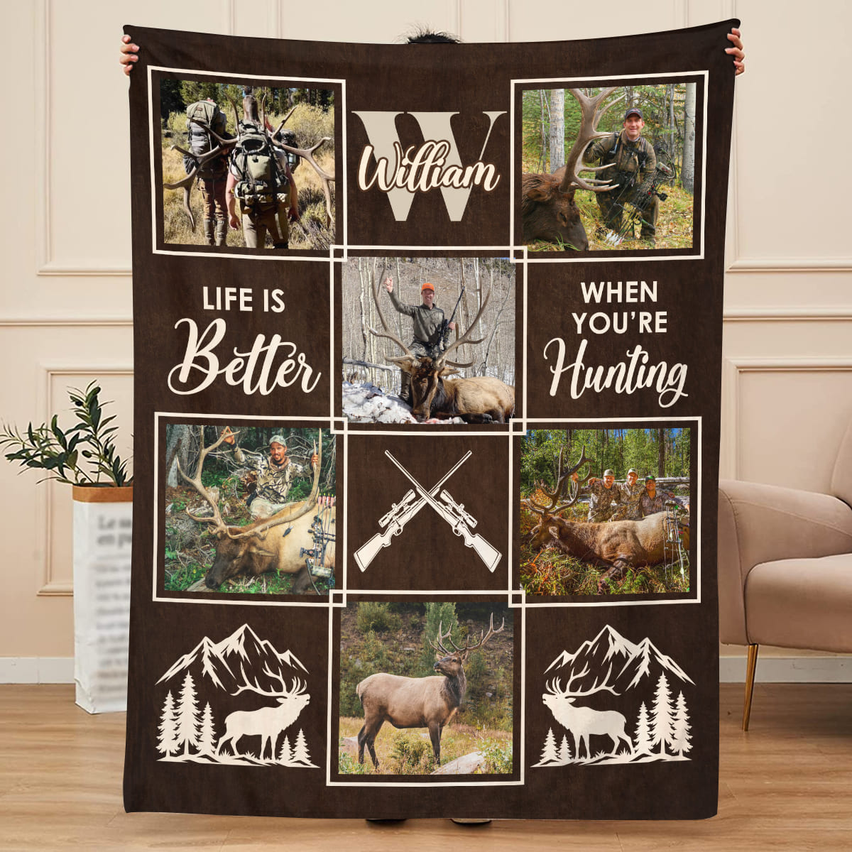Personalized Elk Hunting Blanket – Custom Elk Hunter Photo Collage, Keepsake Gift or Elk Hunters & Hunting Lovers