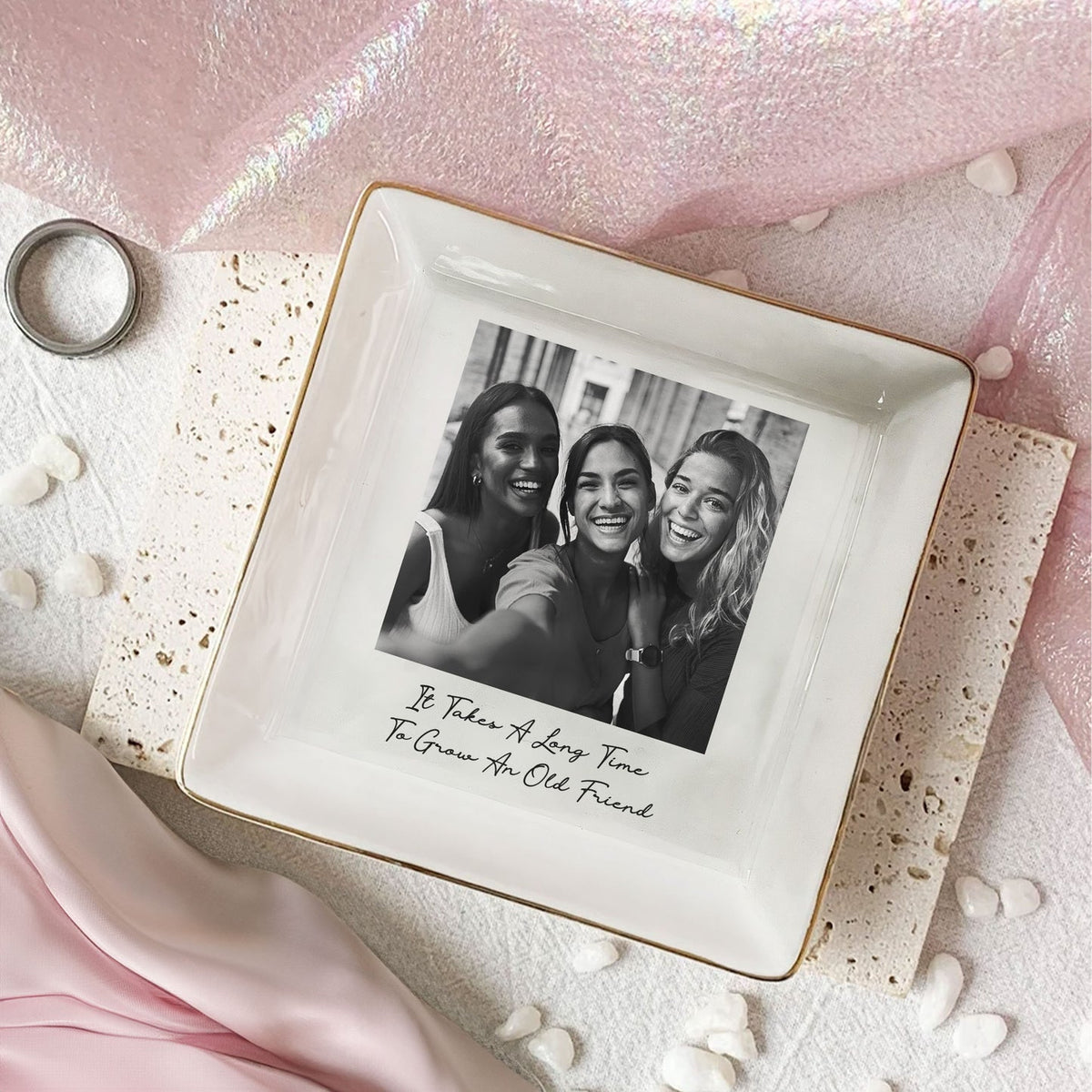 Custom Bestie Photo Trinket Tray – Personalized Jewelry Dish For Best Friend Friendship Gift