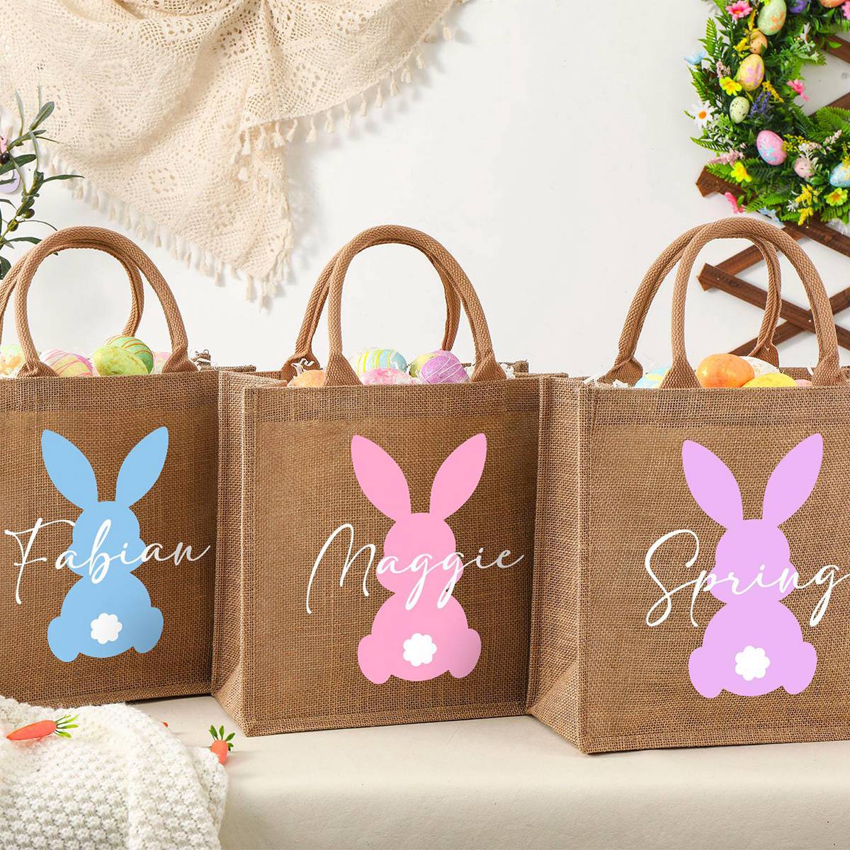 Personalized Easter Bunny Jute bag With Name, Kids Egg Hunt Bags, Easter Basket, Easter Gift Bags