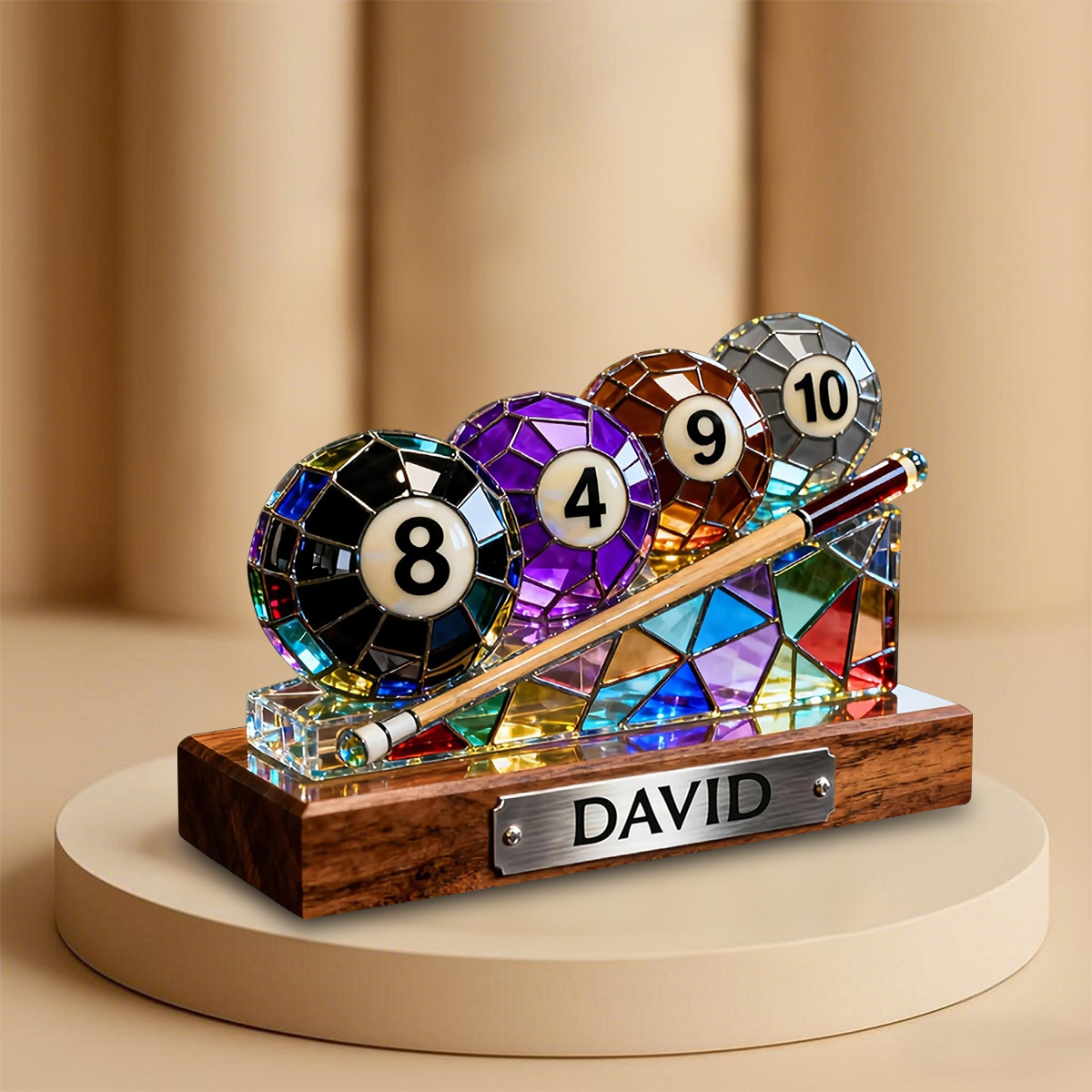 Personalized Billiards Plaque – Stained Glass Effect Look for Pool Player, Cue Sports Lover