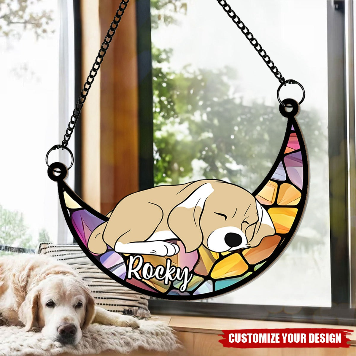Personalized Memorial Suncatcher -Sleeping Pet on Moon Loss of Pet Sympathy Gift