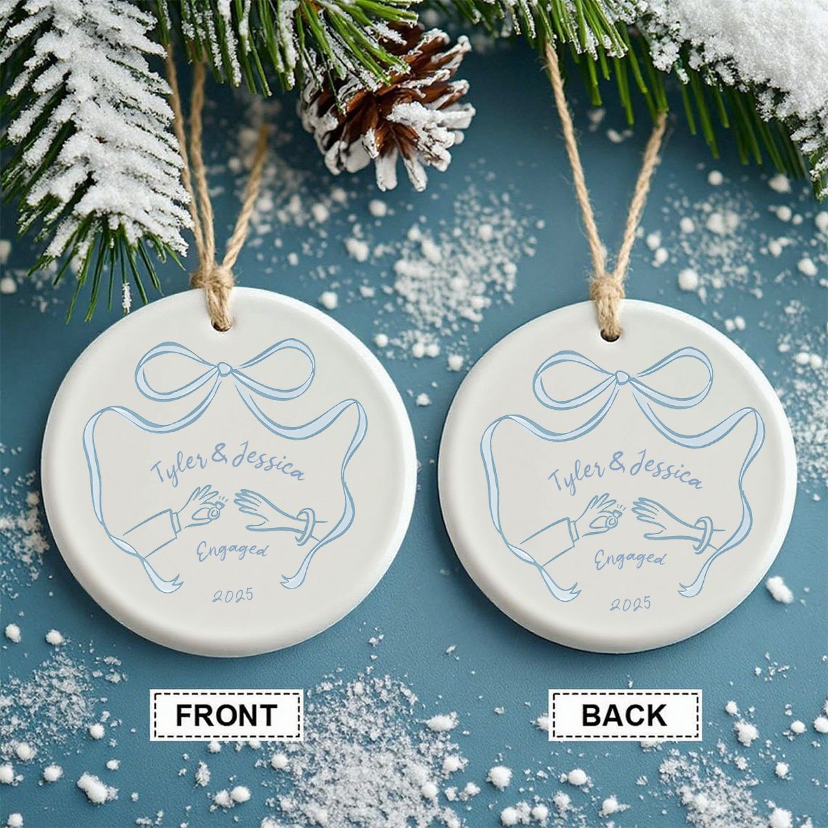 First Christmas Engaged Ceramic Ornament, Personalized Engagement Gift for Couples