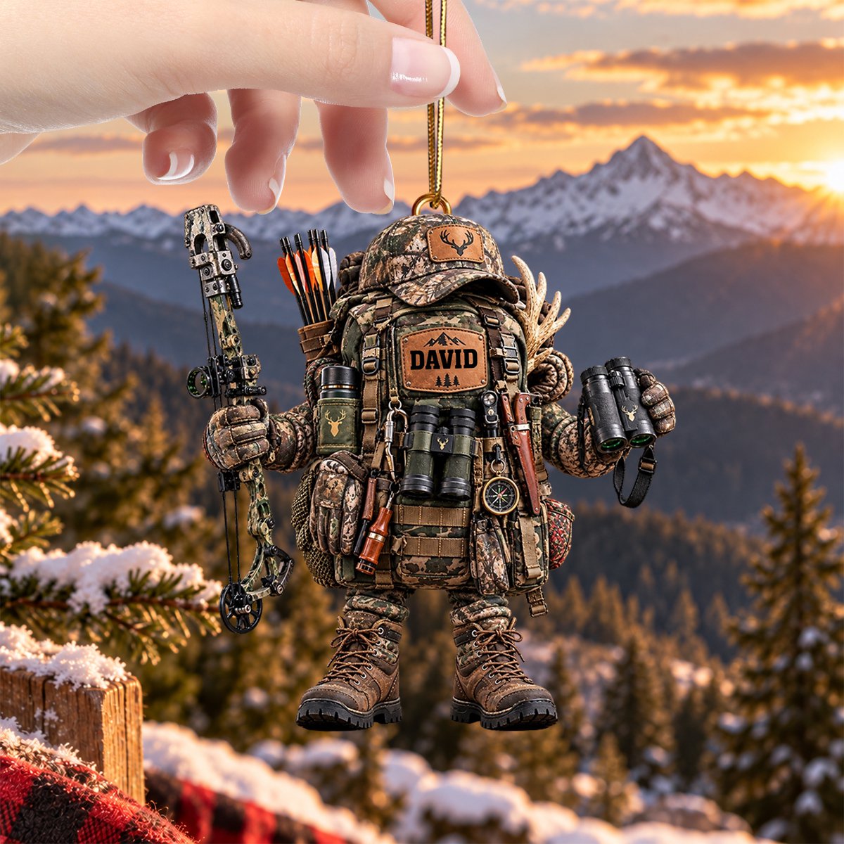 Personalized hunter Christmas Ornament – Camo Backpack & Outdoor Adventure Gift