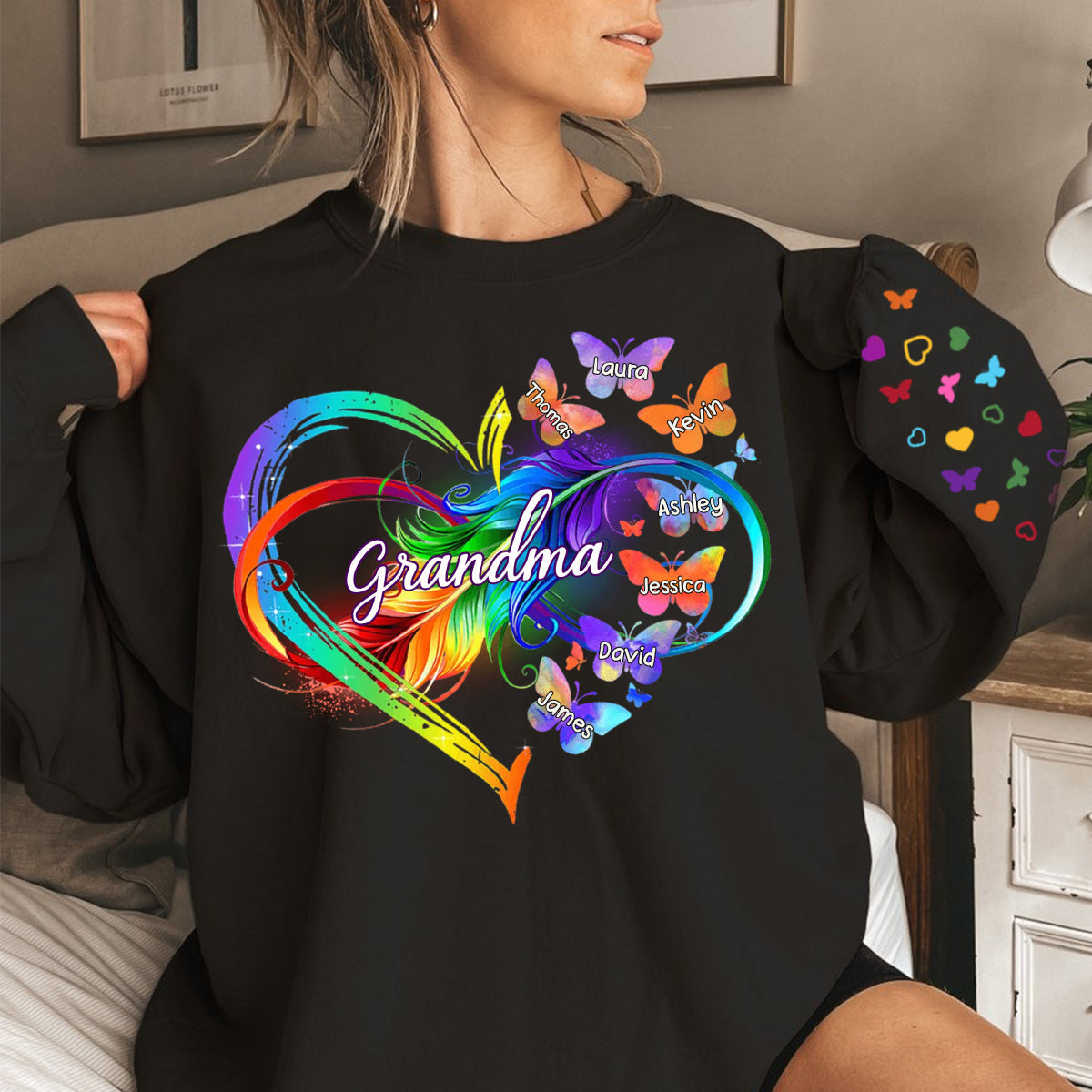 Grandma Mom Infinity Heart Butterflies Personalized Sleeve Printed Sweatshirt