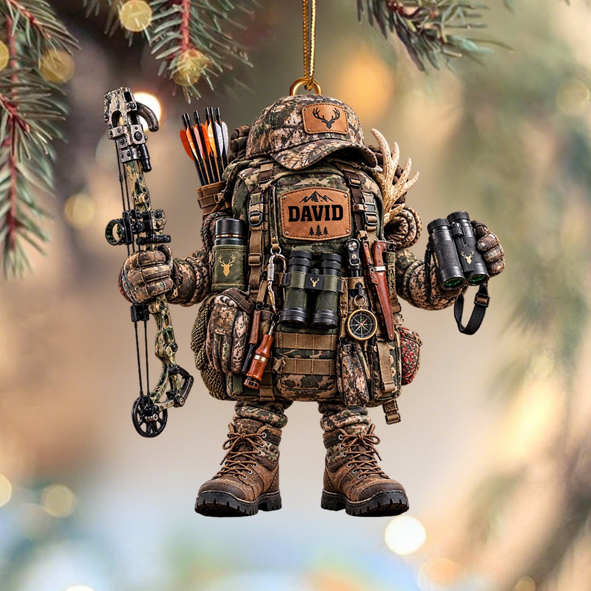 Personalized hunter Christmas Ornament – Camo Backpack & Outdoor Adventure Gift