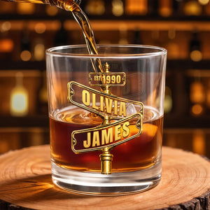 Personalized “Est.” Street Sign Whiskey Glass – Custom Couple Names & Year Gift