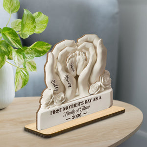 First Mother's Day As A Family Of Three, Personalized Custom 2-Layer Wood Plaque, Gift For Mom