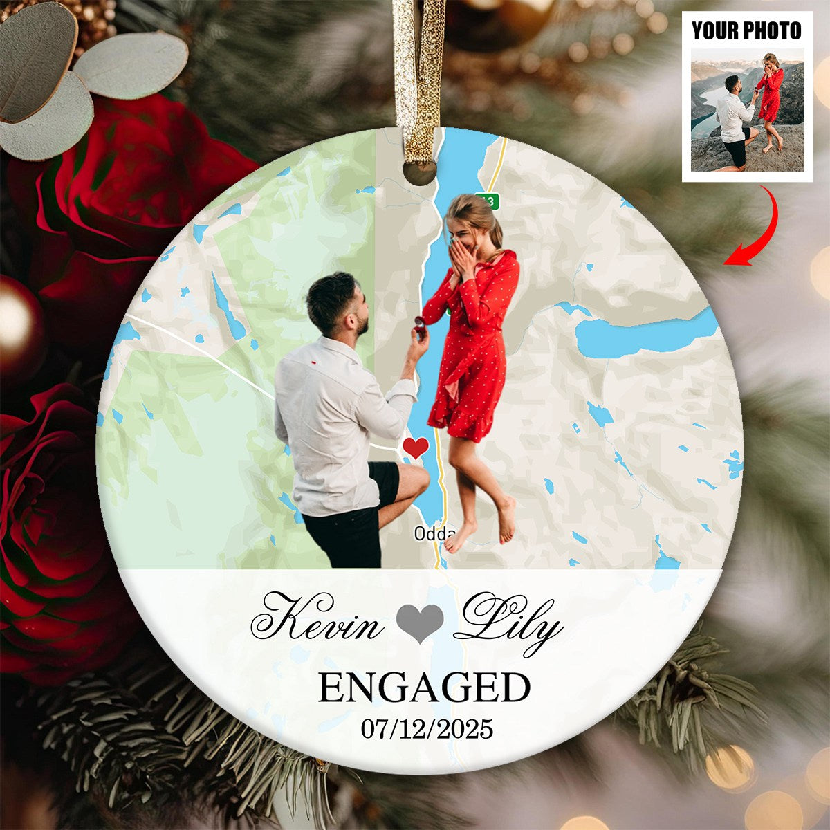 Engagement Ornament - Custom Map & Photo Gift Ceramic Ornament for Couple